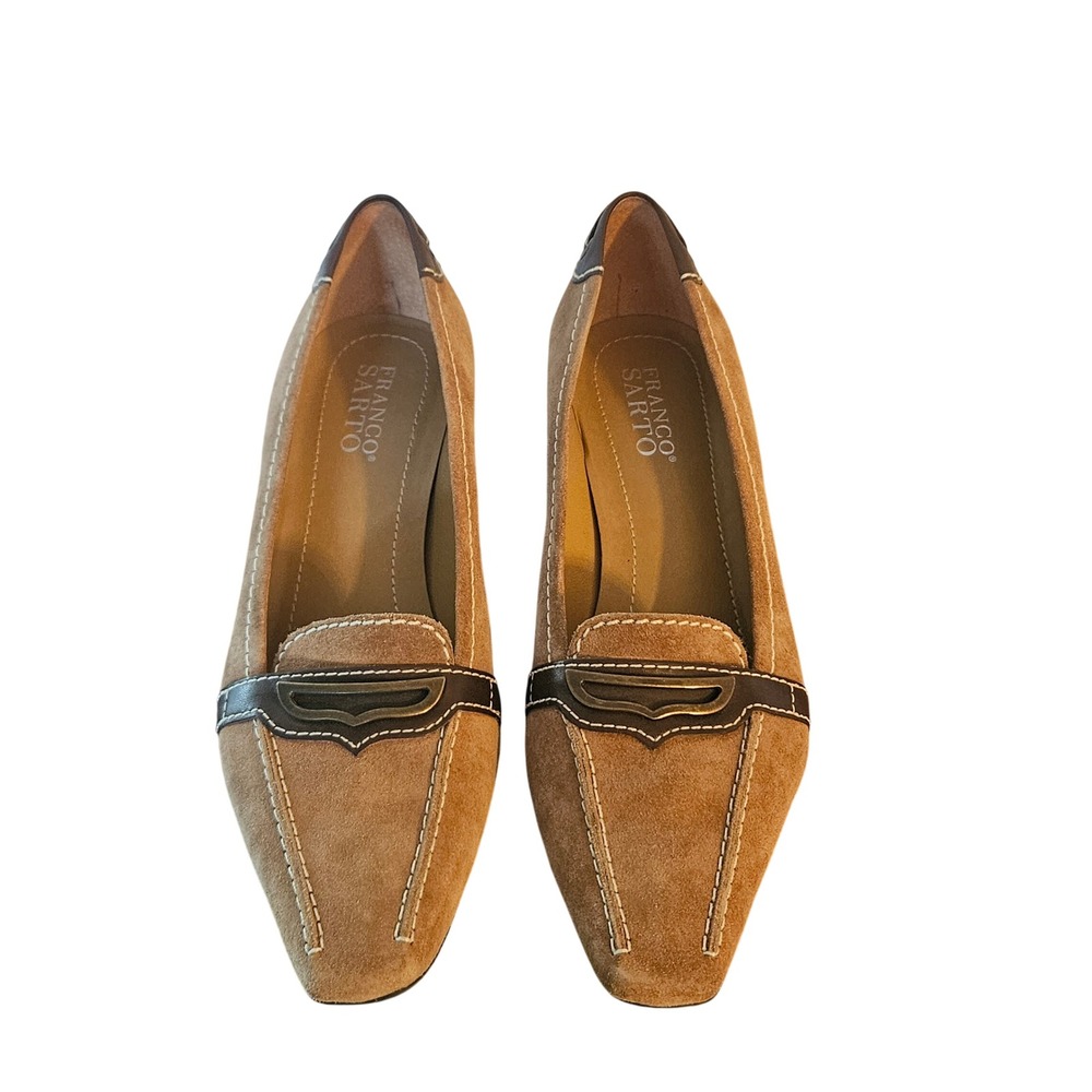 Franco Sarto Womens Tan Suede Kitten Heel Loafers Brown Leather Trim Size 8.5M - Picture 2 of 8